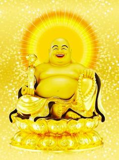 a buddha statue sitting on top of a gold plated object with the sun in the background