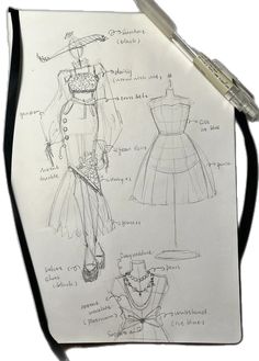 a drawing of dresses and accessories on a piece of paper