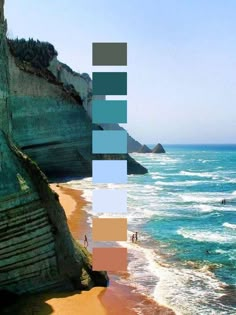 some people are walking on the beach near the water and cliffs with blue sky in the background