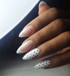 Almond Polka Dot Nails, French Nails Sharp Almond, Almond Nails Dot Design, White With Black Dots Nails, Polka Dot French Tip Nails Almond, French With Polka Dots, Almond Nails Polka Dots, Pokadot Nails French Tip, Dotted French Nails