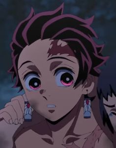 an anime character with pink eyes and short hair, holding her hand on her shoulder