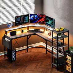 a computer desk with two monitors and a keyboard