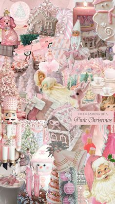 a collage of pink christmas items with candles and other things in the background, including santa's sleigh