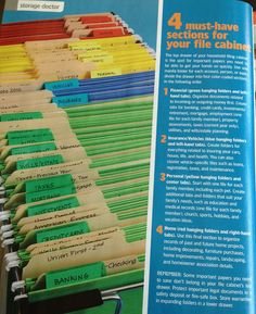 an article in a magazine about filing and other things to do with files on the table