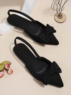 Women Bow Decor Slingbacks, Lycra Point Toe Elegant Flats Black | SHEIN USA Heels Classy Elegant, Elegant Shoes Flat, Classy Flats, Trendy Flats, Walking In Heels, T Strap Shoes, Elegant Flats, Shoes Hack, Black Flats Shoes