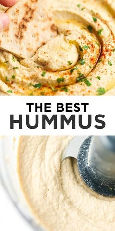 hummus being made in a blender with the words, the best hummus