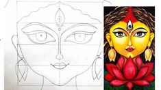 an image of a woman's face in different stages of being drawn and colored