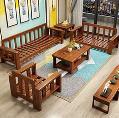 a living room filled with wooden furniture on top of a blue and yellow carpeted floor