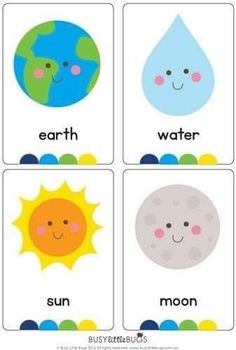 four different pictures with the words earth, water and sun in each one's letters