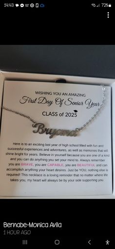 a box with a necklace in it that reads, first day of school year class of 2013