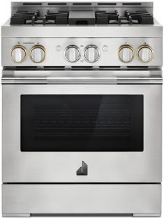 a stainless steel stove with four burners and two oven doors on the front side