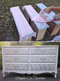 an old dresser turned into a table with lace on the top and bottom, before and after it was painted