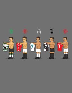 four different soccer players standing in line with their shirts open and showing the number seven