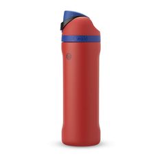 a red and blue water bottle on a white background