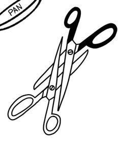 scissors and an oval with the word pan on it are shown in black and white