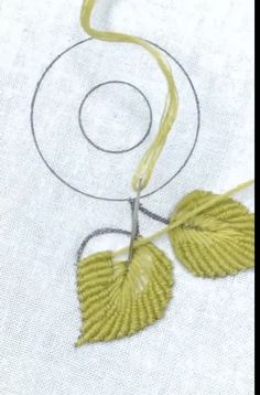 a close up of a piece of cloth with leaves on it and a circular object in the background