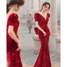 Olivia Mark - Bridal Winter Red Tailing Sequin Evening Gown with Fish Tail and Open Back for Hostesses Fish Tail Gown, Sequin Evening Gowns, Winter Red, Red Evening Dress, Fish Tail, Sequin Gown, Red Sequin, Patchwork Dress, Long Sleeve Bodycon