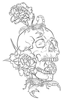 a drawing of a skull with flowers on it's head, in black and white