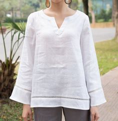 outfit ideas/ style /outfit/ monochromatic outfit/ clothes Ideas Style Outfit, Linen Tops Women Casual, Linen Blouse Designs, Linen Blouses For Women, White Linen Shirts Women, Linen Tops Women, Shirt With Sleeves, Linen Shirt Women, Linen Blouses