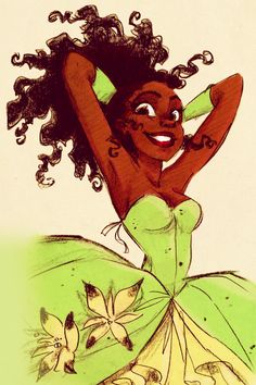 a drawing of a woman in a green dress with her arms behind her head, smiling