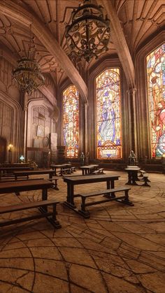 an old church with stained glass windows and benches in the foreground, and a chandelier hanging from the ceiling