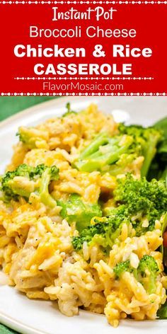 broccoli and rice casserole on a white plate with text overlay