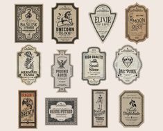 an assortment of wine labels on a white background