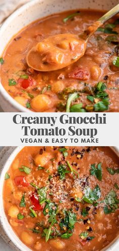 creamy gnocchi tomato soup in a white bowl with a spoon