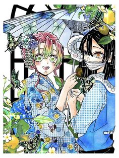 two anime characters standing next to each other with an umbrella and flowers on their head