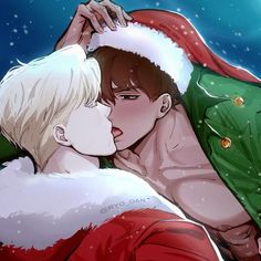 two people dressed as santa claus kissing each other