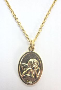 "Thoughtful Cherub / Guardian Angel Medal Pendant Necklace 1\" Die cast, gold plated medal front: Thoughtful Cherub reverse: Guardian Angel signed Italy 20\" Gold plated light cable chain spring ring clasp made in USA Gift Boxed" Gold-tone Medallion Charm Necklace For Gift, Nickel Free Gold Pendant Locket Necklace, Nickel-free Gold Pendant Locket Necklace, Gold Pendant Locket Necklace Nickel Free, Gold Nickel-free Pendant Locket Necklace, Gold Round Pendant Locket Necklace Nickel Free, Gold Nickel-free Charm Necklaces As Gift, Valentine's Day Gold Locket Necklace Nickel Free, Nickel-free Gold Necklace For Valentine's Day