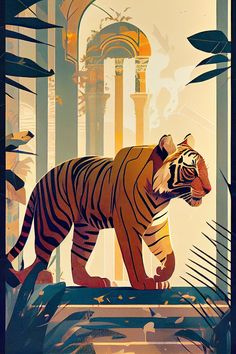 a tiger is walking through the jungle in front of tall palm trees and an ornate building