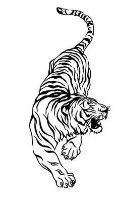 a black and white drawing of a tiger jumping up into the air with its mouth open