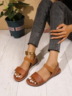 Plus Size Casual Roman Style Flat Sandals With Single Strap, Retro Design, Suitable For European And American Markets Brown     Plain    Wide Fit Shoes, size features are:Bust: ,Length: ,Sleeve Length: