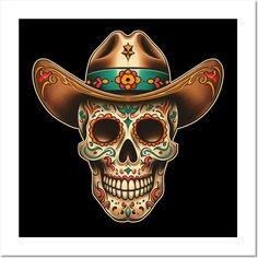 a skull wearing a cowboy hat with flowers on it's forehead and an orange flower in