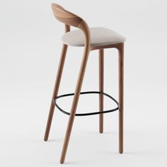 an upholstered bar stool with a wooden seat and backrest, viewed from the front