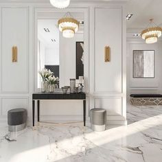 a white room with marble flooring and chandeliers