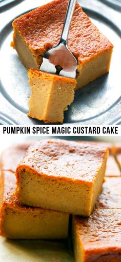 pumpkin spice magic custard cake is cut into squares and put on a plate