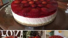 a collage of photos showing different types of desserts and pastries, including strawberries