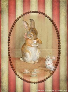 a painting of a rabbit sitting on the ground with tea cups in front of it