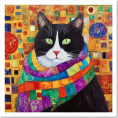 a painting of a black cat wearing a colorful scarf and looking off to the side