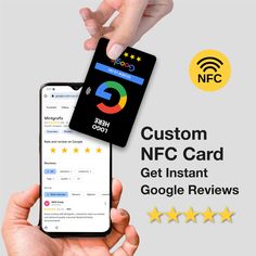 someone is holding their phone with the text custom nfc card get instant google review