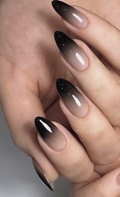 Black Ombre Nails, Black Almond Nails, Unghie Sfumate, Witch Nails, Witchy Nails, Milky Nails, Black Acrylic Nails