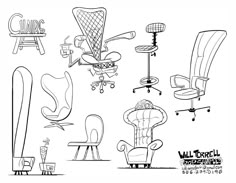 an image of office chairs and desks in black and white illustration on the wall