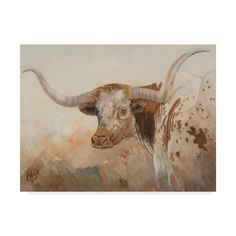 an oil painting of a longhorn bull in a field with brown and white hair