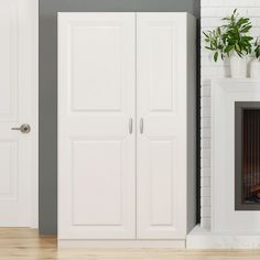 two white closets next to each other in front of a fireplace with potted plants on top