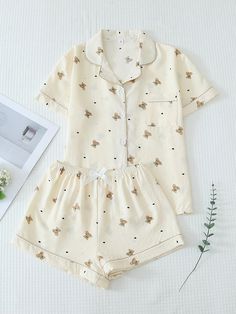 2pcs Women's Summer Pajama Set With Teddy Bear Print, Short Sleeve Buttoned Shirt And Shorts, Casual Home Wear Apricot Casual-Young,Casual-Woman  Short Sleeve Woven Fabric Animal,Plants,All Over Print Short Sets Slight Stretch Summer,Spring/Summer Women Sleep & Lounge, size features are:Bust: ,Length: ,Sleeve Length: Teen Clothes One Piece & Sets, Cheap Letter Print Sweater For Loungewear, Cheap White Fitted Sleepwear, Cheap Sporty Summer Sleepwear, Pajamas Teen Target, Cheap Beachwear Pajama Shorts, Cheap V-neck Sleepwear, Cheap Sleeveless Summer Sleepwear, Cheap Women's Sleep Mini Dress