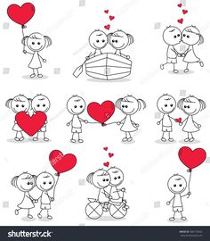 set of cartoon stick figures with hearts for valentines day stock photo royalty illustration and