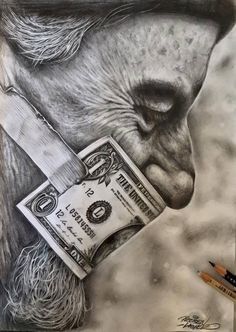 a drawing of a man's face with one dollar bill sticking out of his mouth