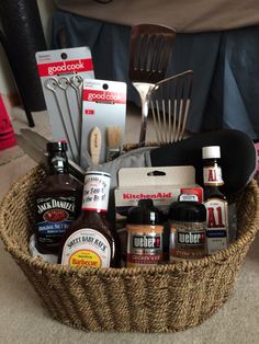 a wicker basket filled with kitchen items